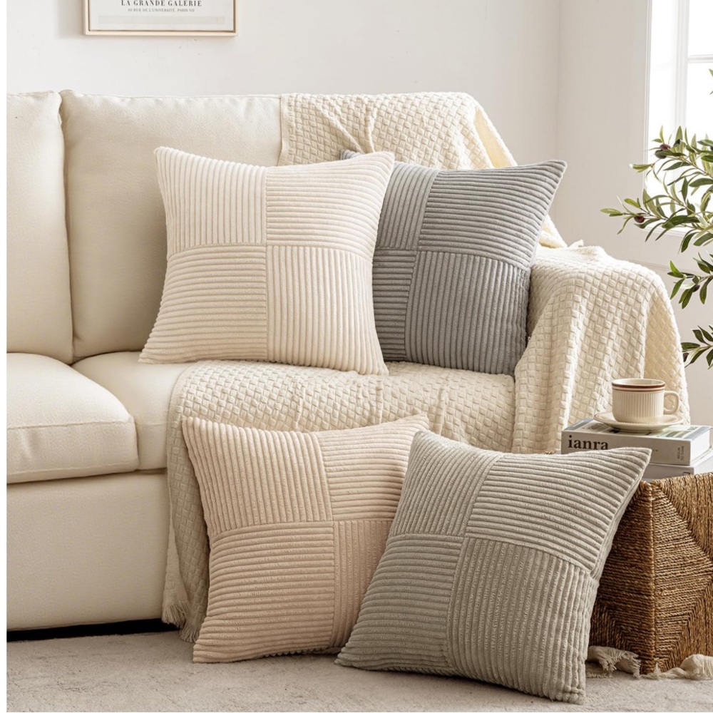 Neutral Set of CORDUROY Striped Patchwork Throw Pillow Covers (4-pack)